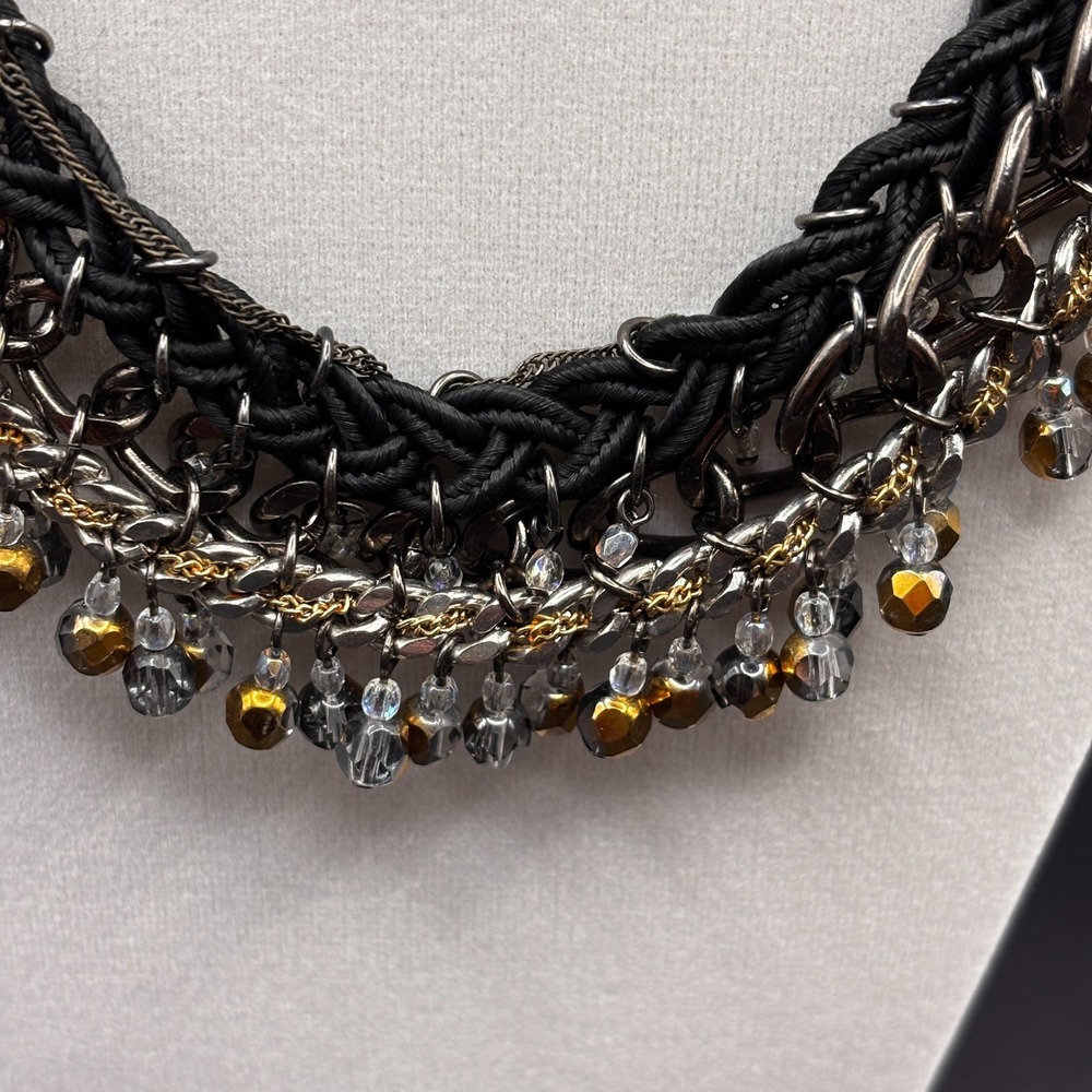 Vintage Y2K Black Cord Chain Dangle Beaded Statement Necklace Mixed Metal Boho - Picture 4 of 12